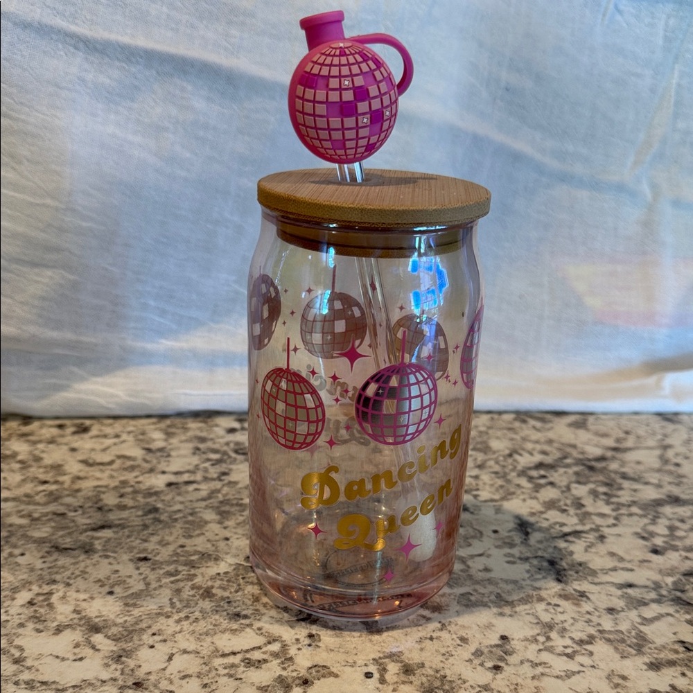 Pink and Gold Disco Ball Tumbler with Straw